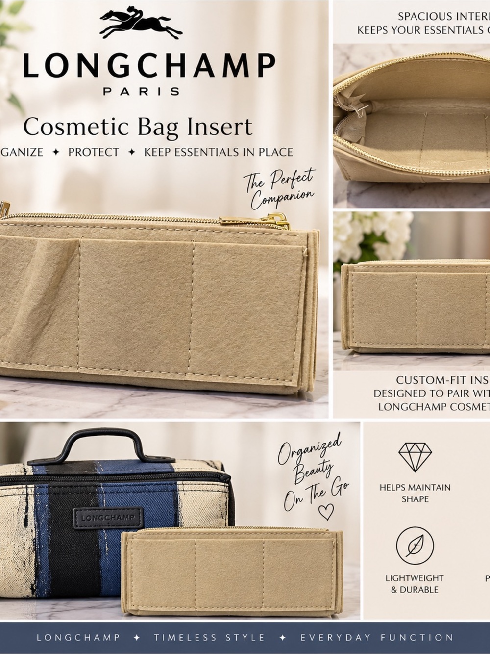 Longchamp Beige Cosmetic Bag Insert Organizer